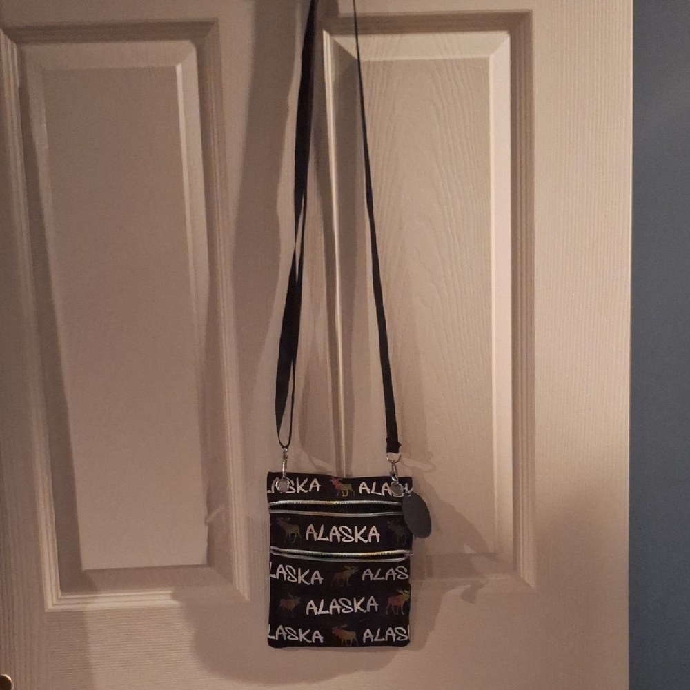 Robin Ruth Alaska Crossbody Canvas Bag Black with Moose Graphics